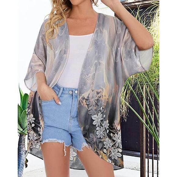 Unbranded Sweaters - NEW Gray Gold Women's 3XL Floral Print Kimono Cardigan Loose Cover Up Shirt